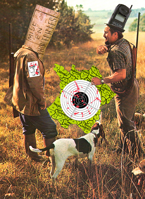 illustration en collages photo contre la réforme de la chasse, photomontage pour le journaL CQFD